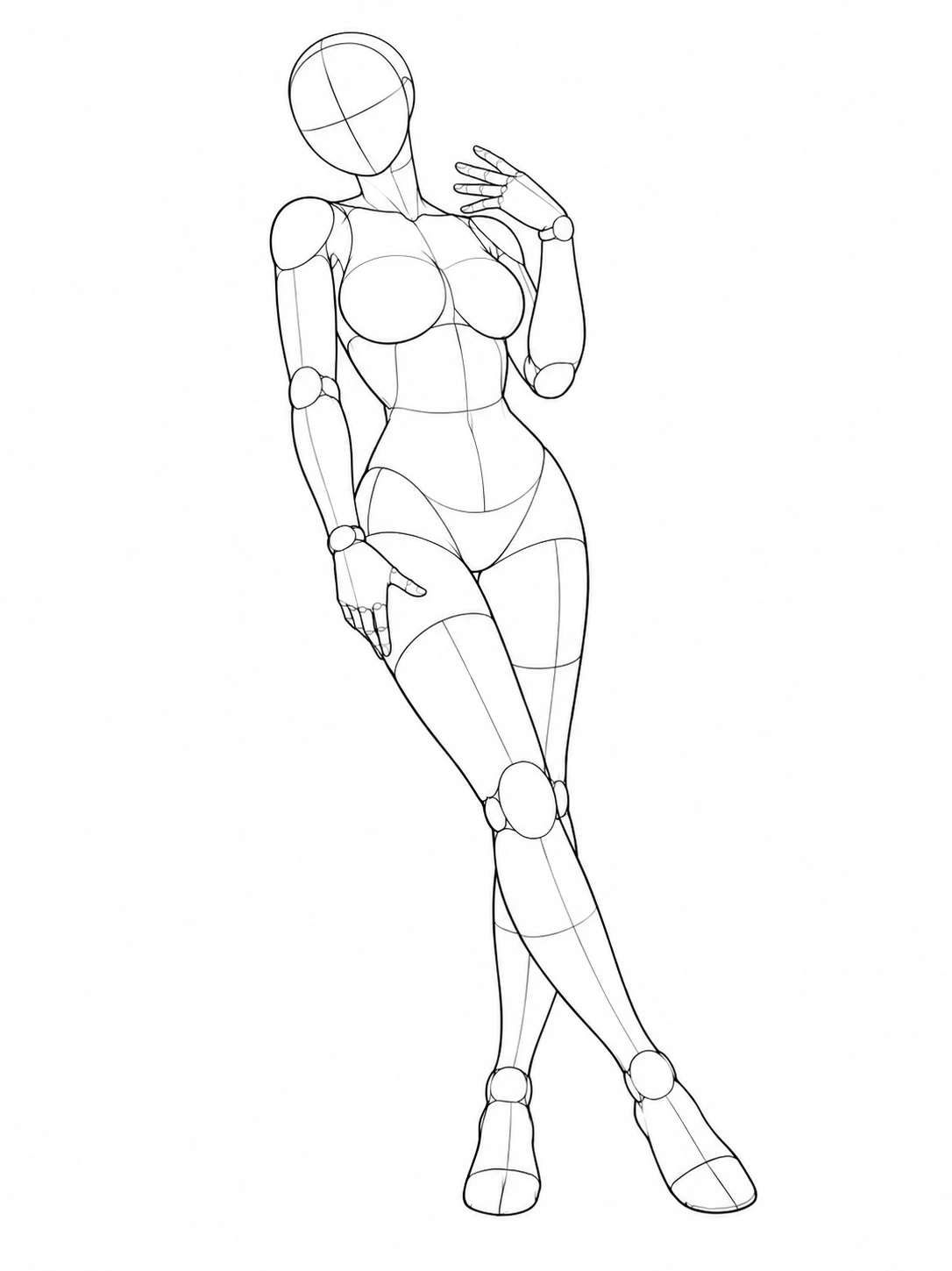 Female drawing mannequin standing with crossed ankles and one hand raised near the shoulder