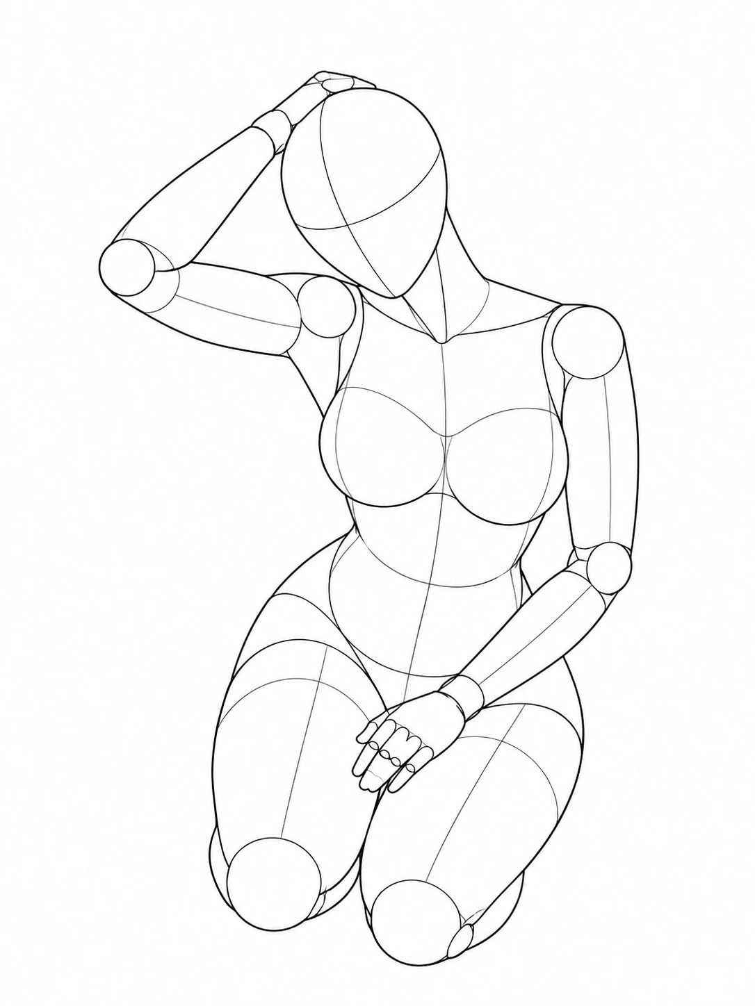 Female mannequin kneeling with one hand on the crown of the head and the other across the lap