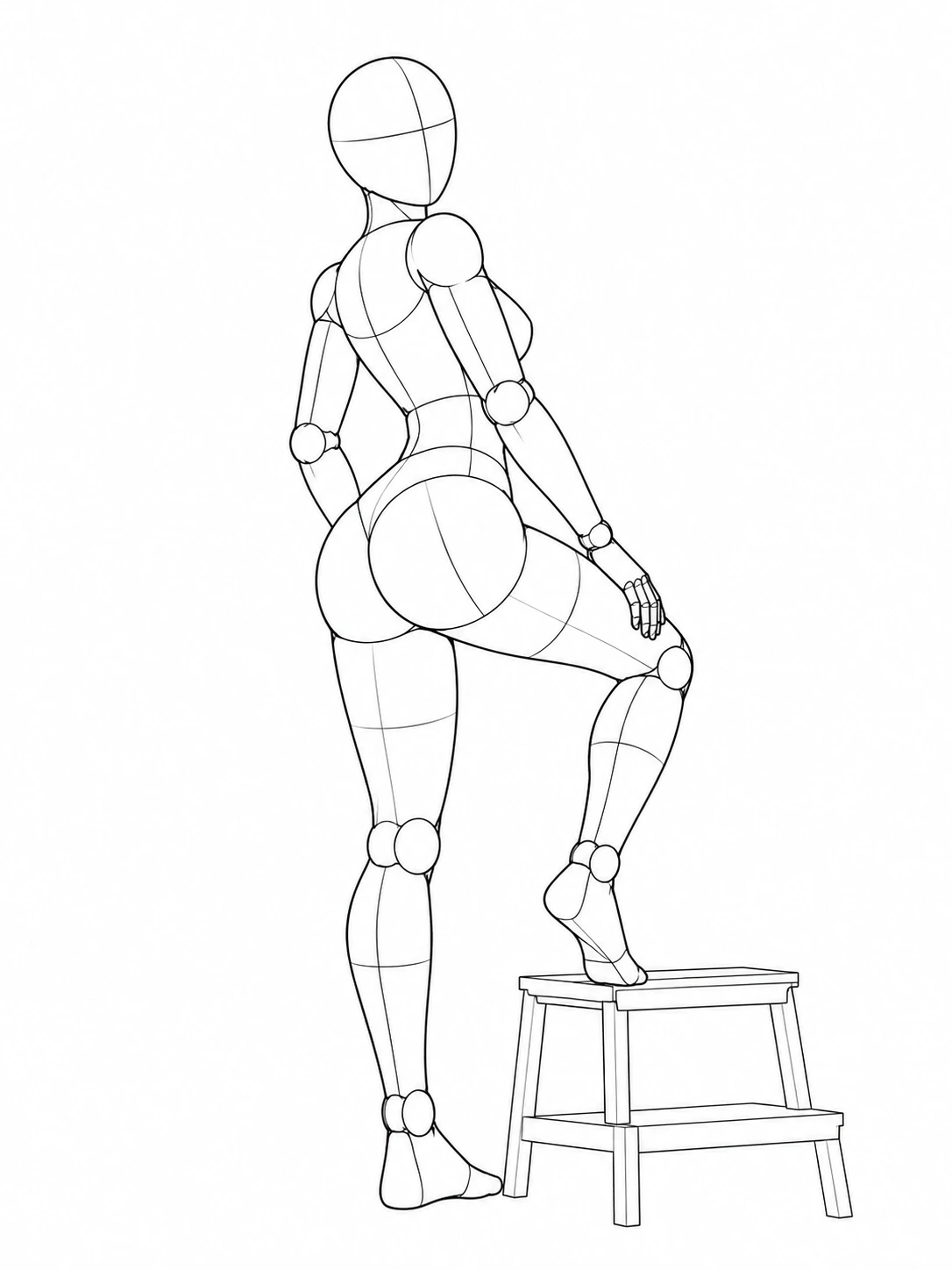 Rear three-quarter mannequin pose with one foot on a stool and a hand near the raised thigh