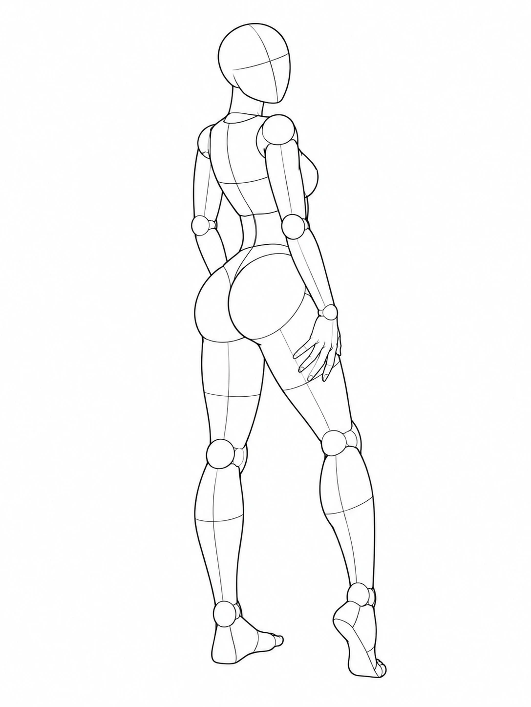 Rear three-quarter female mannequin with one heel lifted and a hand resting against the upper thigh