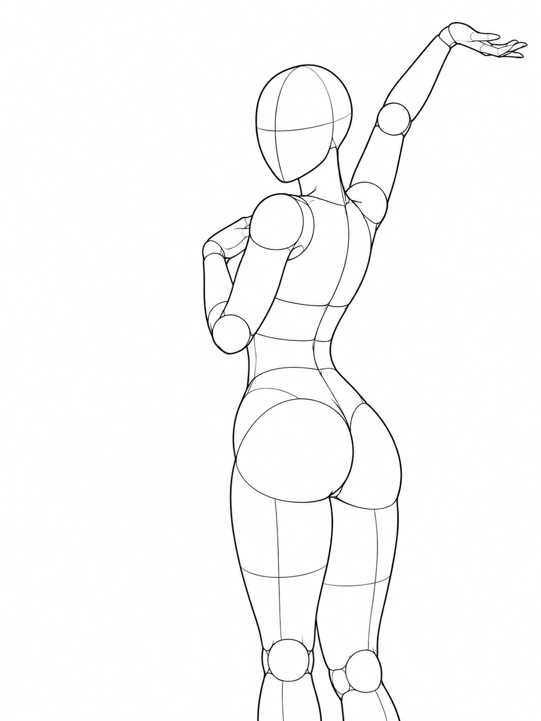 Rear-view mannequin with one arm raised overhead and the other hand near the shoulder