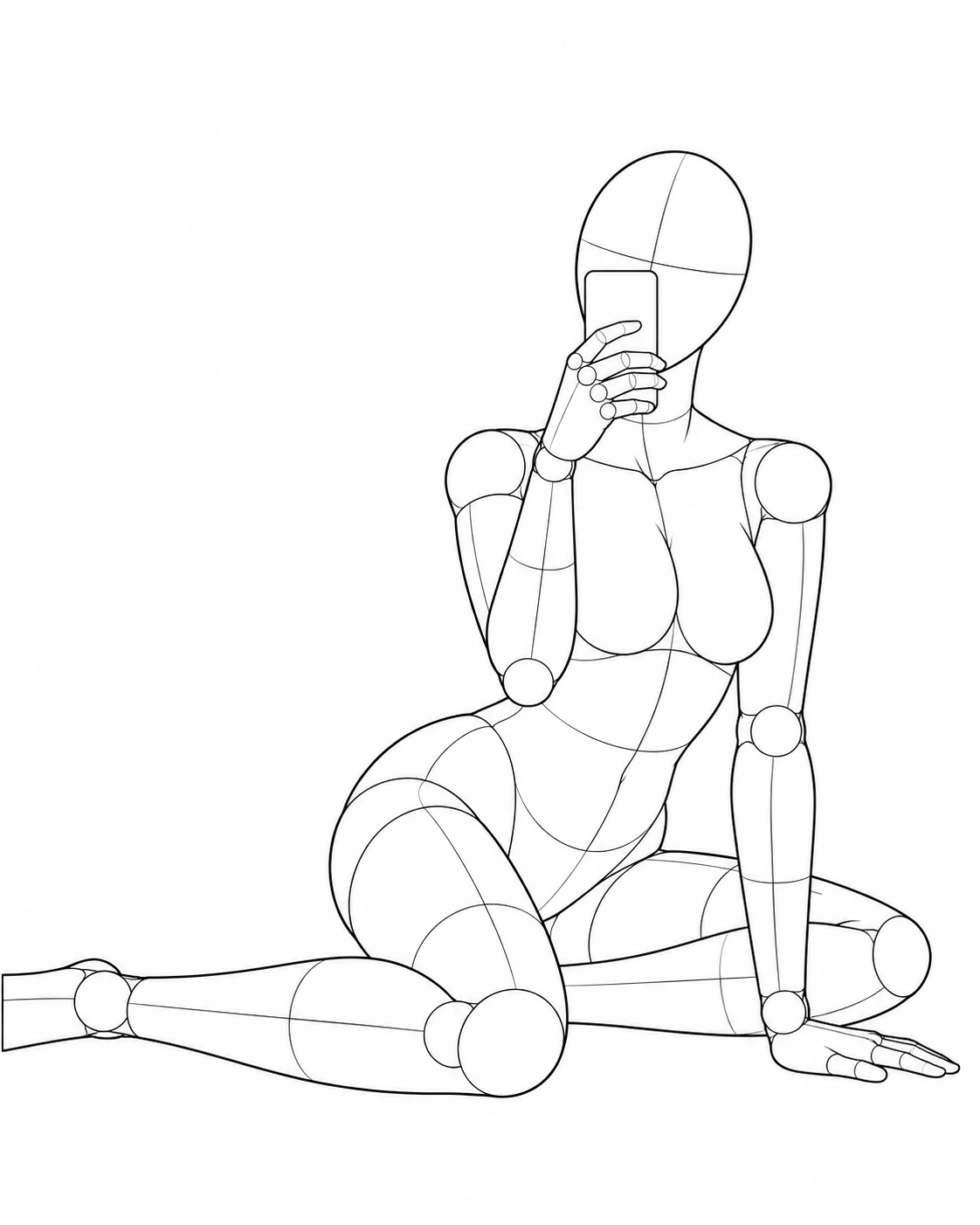 Seated mannequin with folded legs, one hand holding a phone near the face, and the other resting on the floor