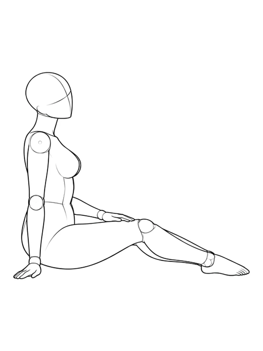 Side view of a seated mannequin supported by one hand with its legs extended