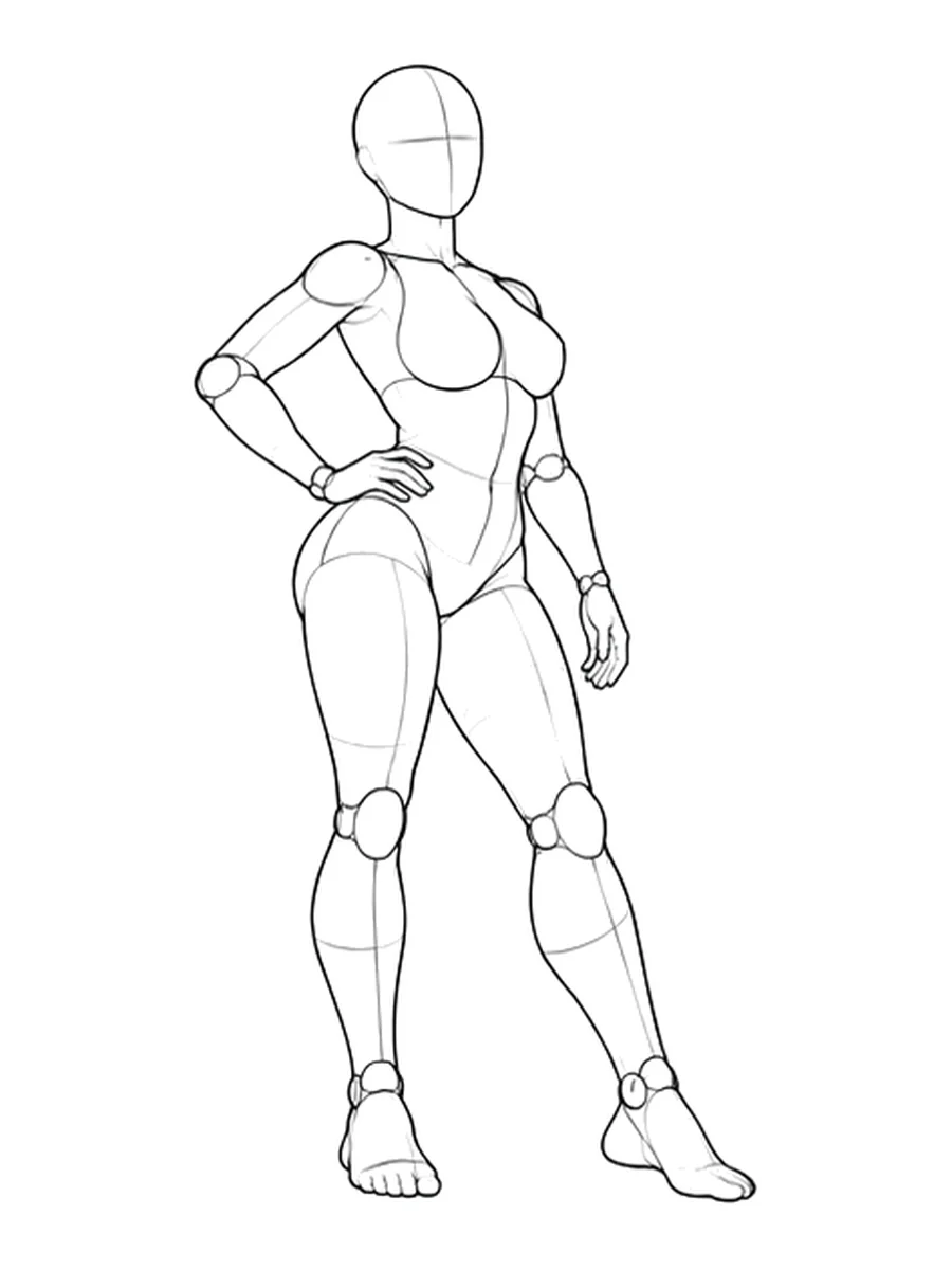 Three-quarter view of a drawing mannequin standing with a bent arm on the hip and one leg angled outward