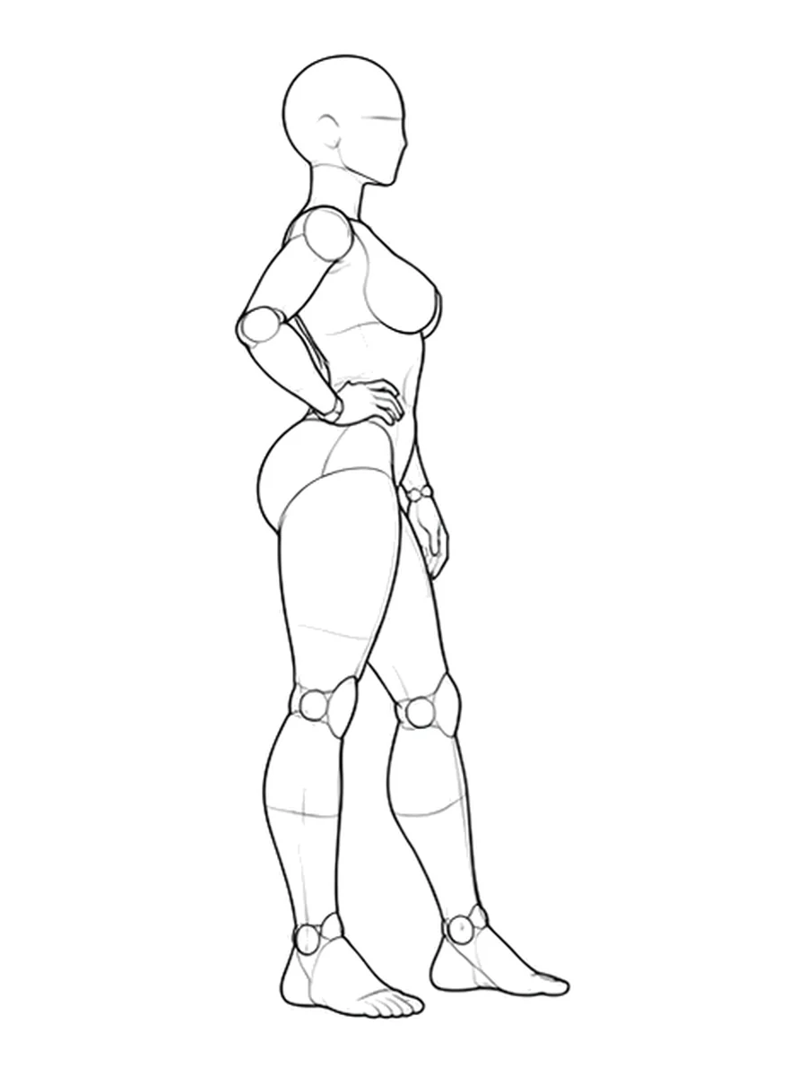 Side-view drawing mannequin with a hand at the waist, bent elbow behind the torso, and overlapping legs